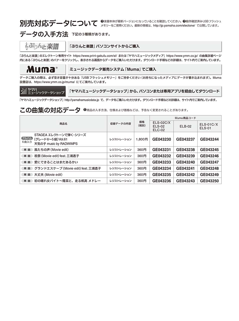 ヤマハ Stagea エレクトーンで弾く 6 5級 Vol 61 天気の子 Music By Radwimps 楽譜 エレクトーン ヤマハの楽譜出版