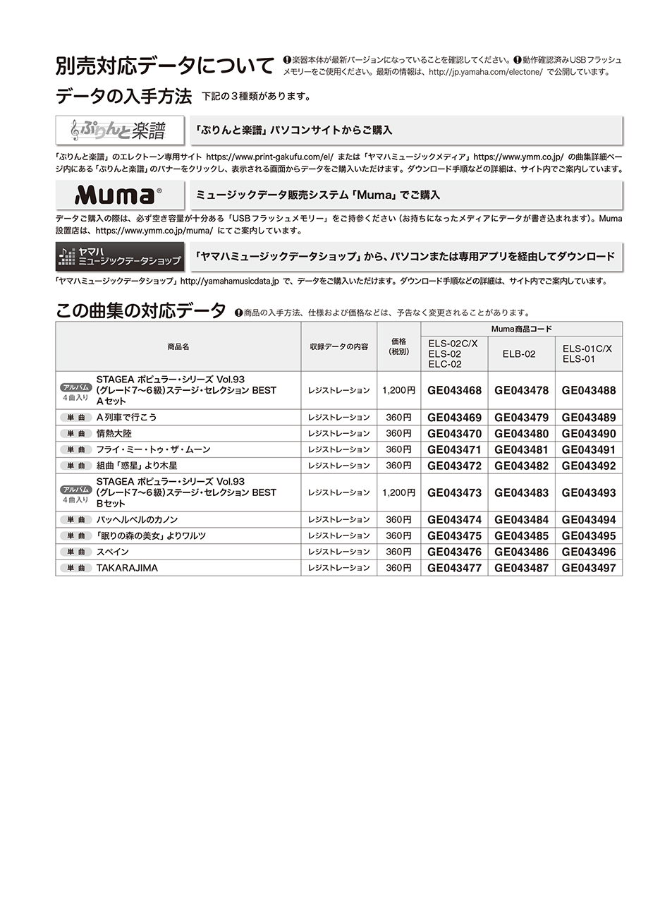 ヤマハ】STAGEA ポピュラー 7～6級 Vol.93 ステージ・セレクション 